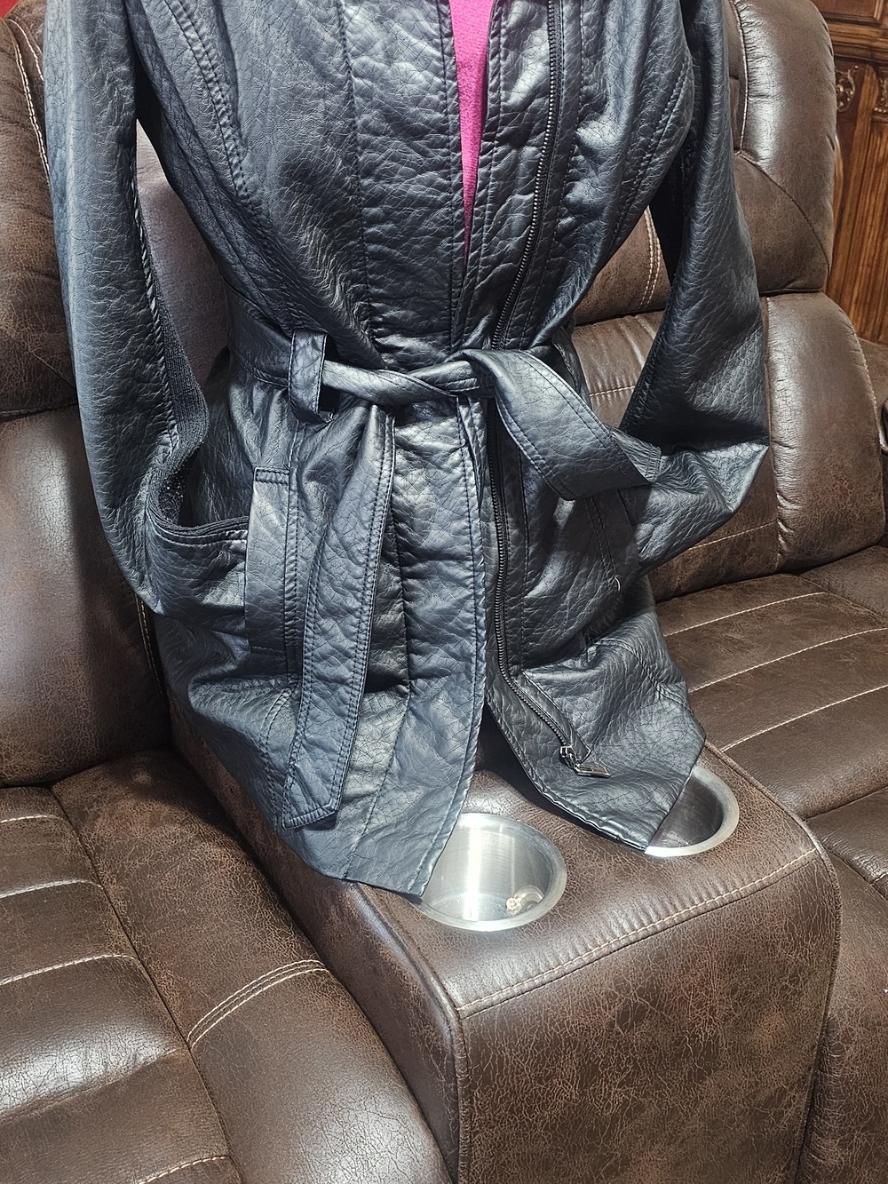 therapy Black Leather Belted Trench Coat